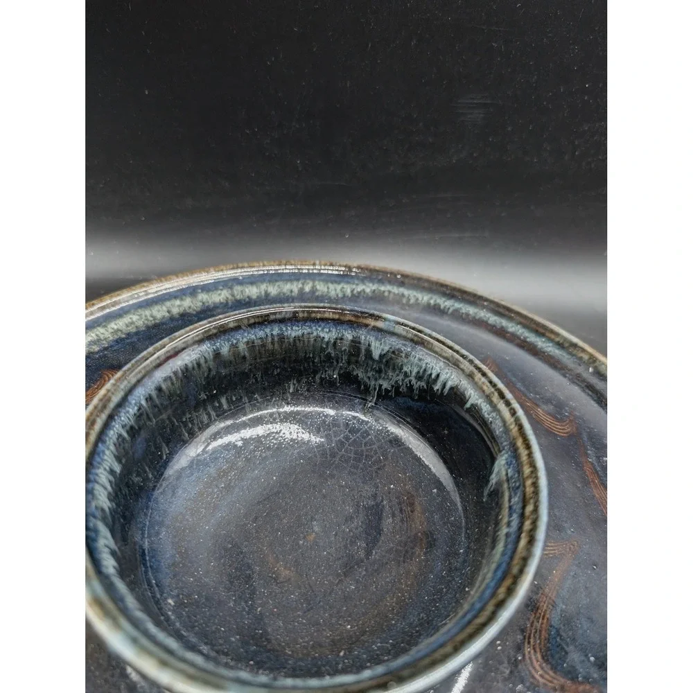 Studio Pottery Chip and Dip Serving Set Blue Brown Combed Wave Ceramic Signed
